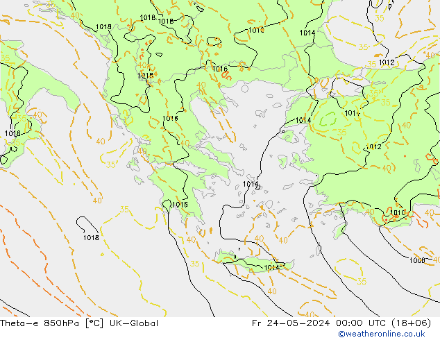 Theta-e 850hPa UK-Global Fr 24.05.2024 00 UTC