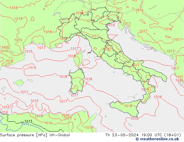 Surface pressure UK-Global Th 23.05.2024 19 UTC