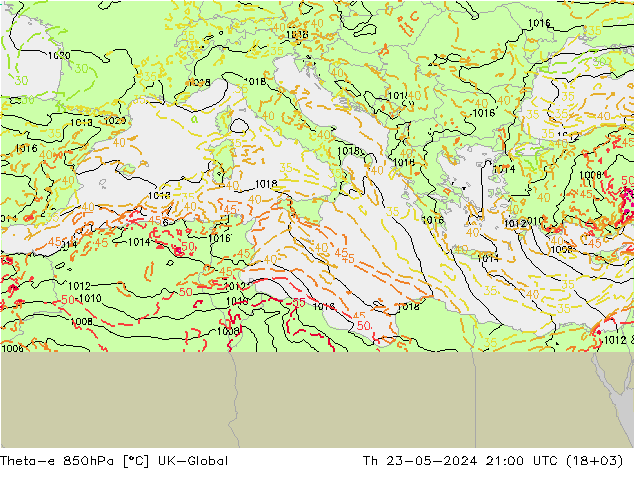 Theta-e 850hPa UK-Global Per 23.05.2024 21 UTC