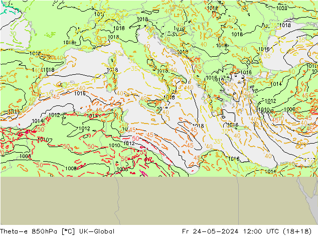 Theta-e 850hPa UK-Global Fr 24.05.2024 12 UTC