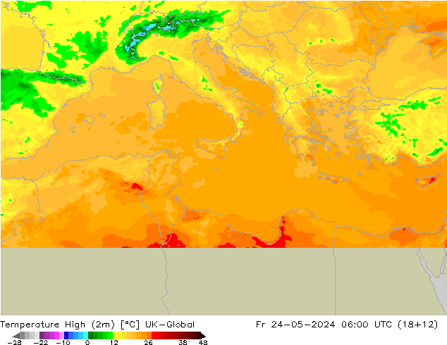 Max.temperatuur (2m) UK-Global vr 24.05.2024 06 UTC