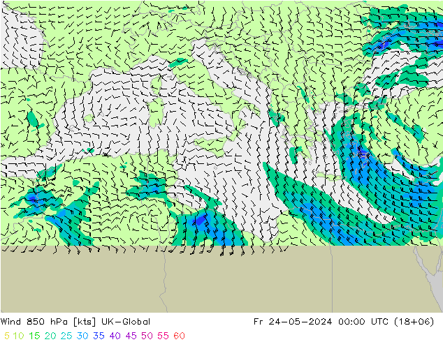 Vento 850 hPa UK-Global ven 24.05.2024 00 UTC