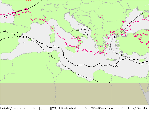 Height/Temp. 700 hPa UK-Global dom 26.05.2024 00 UTC