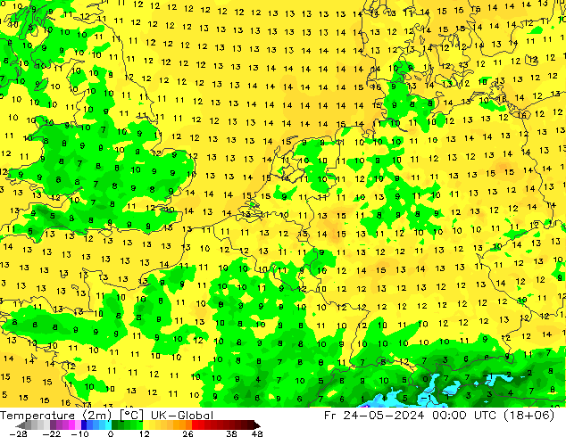 Temperaturkarte (2m) UK-Global Fr 24.05.2024 00 UTC