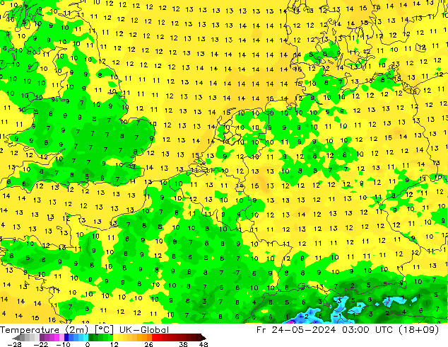 Temperature (2m) UK-Global Pá 24.05.2024 03 UTC