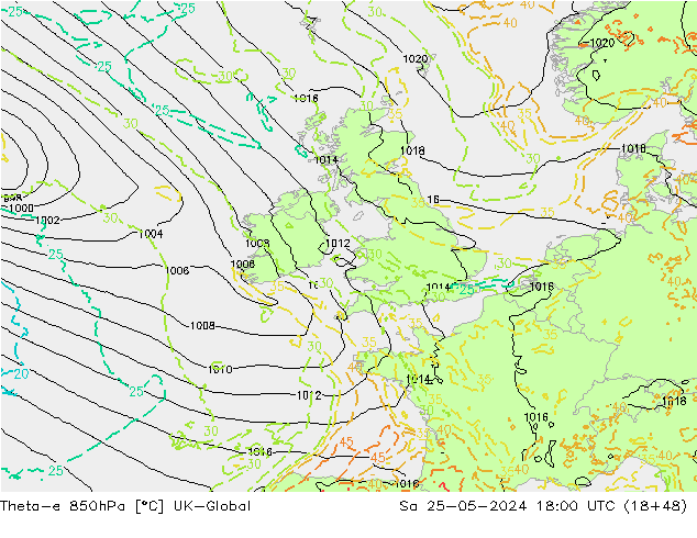 Theta-e 850hPa UK-Global Sáb 25.05.2024 18 UTC