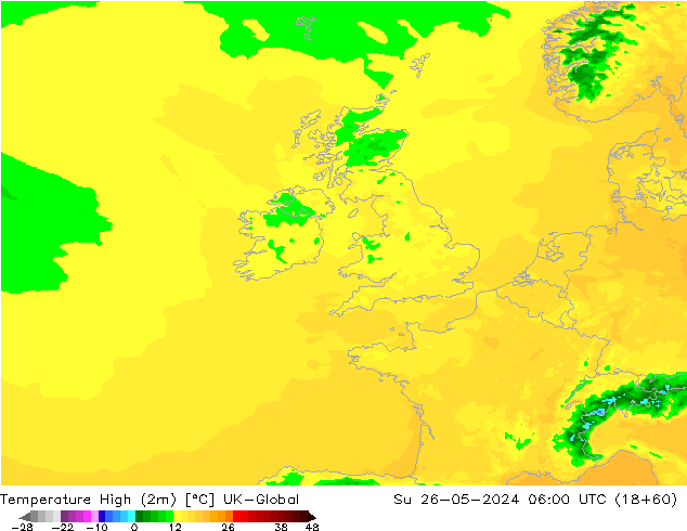 Temp. massima (2m) UK-Global dom 26.05.2024 06 UTC