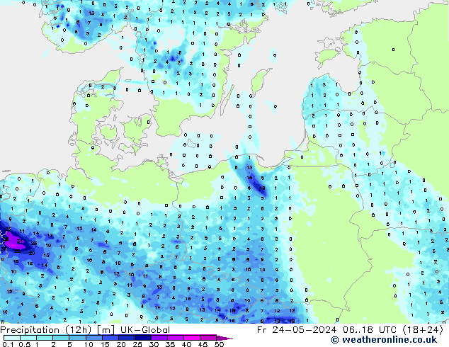 Precipitation (12h) UK-Global Fr 24.05.2024 18 UTC