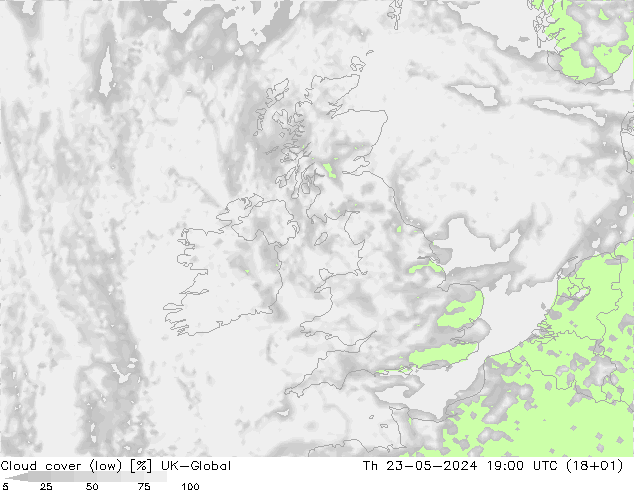 Cloud cover (low) UK-Global Th 23.05.2024 19 UTC