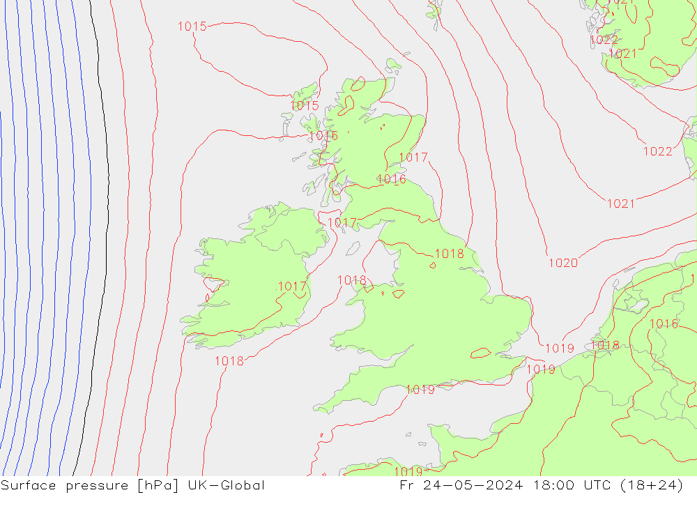 Pressione al suolo UK-Global ven 24.05.2024 18 UTC