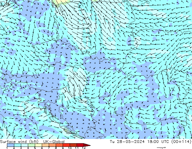 Wind 10 m (bft) UK-Global di 28.05.2024 18 UTC