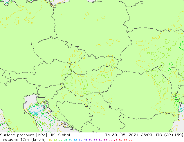 Isotachs (kph) UK-Global Th 30.05.2024 06 UTC