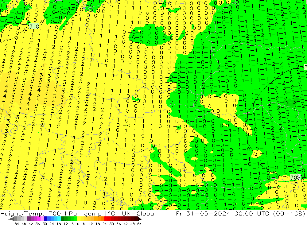 Height/Temp. 700 hPa UK-Global Fr 31.05.2024 00 UTC