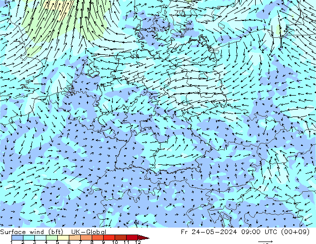 Surface wind (bft) UK-Global Fr 24.05.2024 09 UTC