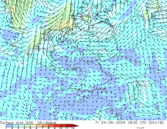Vento 10 m (bft) UK-Global ven 24.05.2024 18 UTC