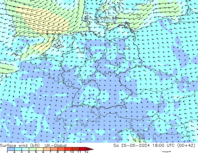 Surface wind (bft) UK-Global Sa 25.05.2024 18 UTC