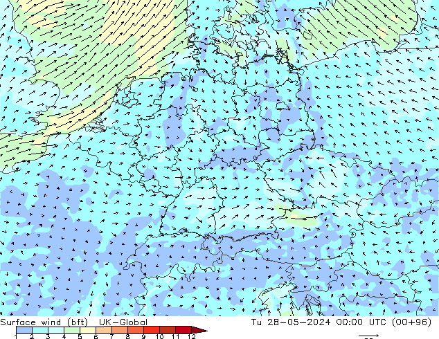 Surface wind (bft) UK-Global Út 28.05.2024 00 UTC