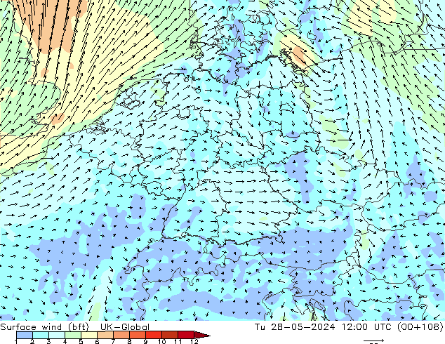 Vento 10 m (bft) UK-Global mar 28.05.2024 12 UTC