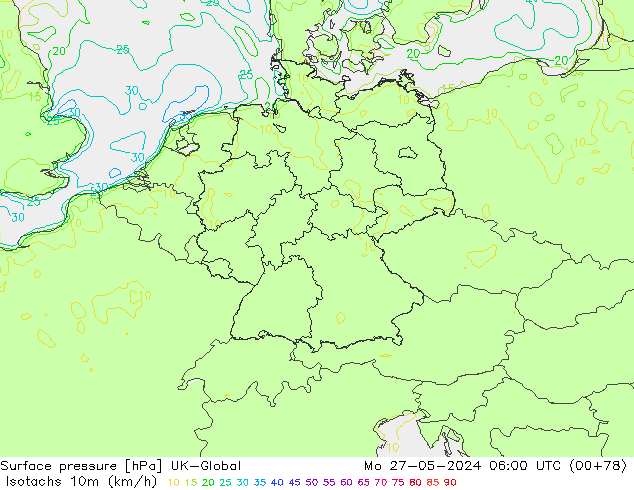 Isotachs (kph) UK-Global lun 27.05.2024 06 UTC