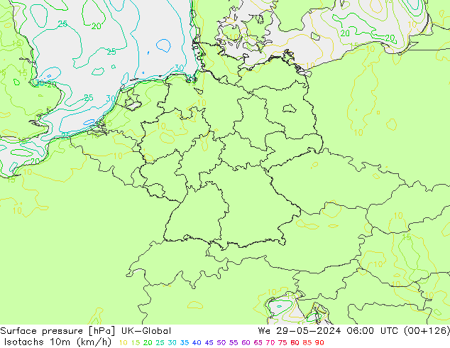 Isotachs (kph) UK-Global We 29.05.2024 06 UTC