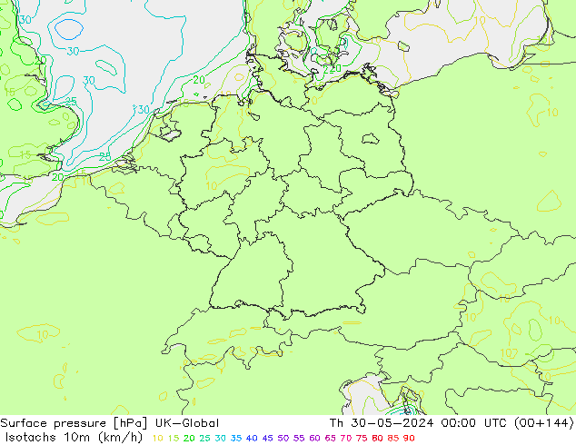 Isotachs (kph) UK-Global чт 30.05.2024 00 UTC