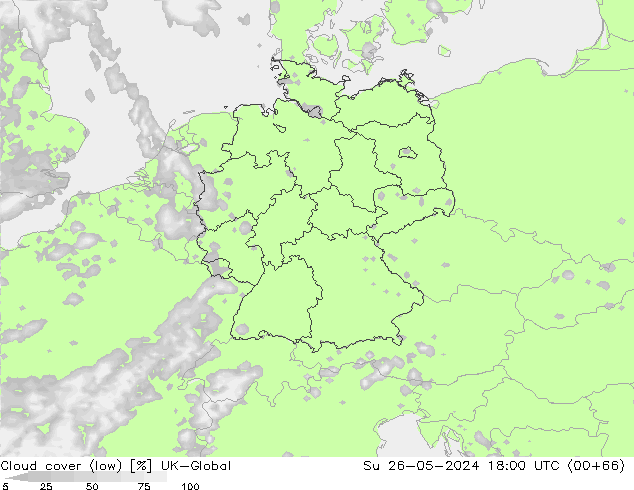 Cloud cover (low) UK-Global Su 26.05.2024 18 UTC