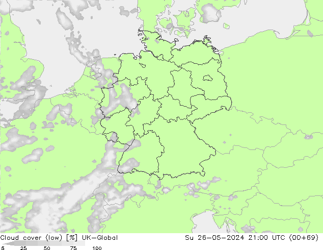 Cloud cover (low) UK-Global Su 26.05.2024 21 UTC