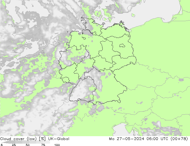 Bewolking (Laag) UK-Global ma 27.05.2024 06 UTC