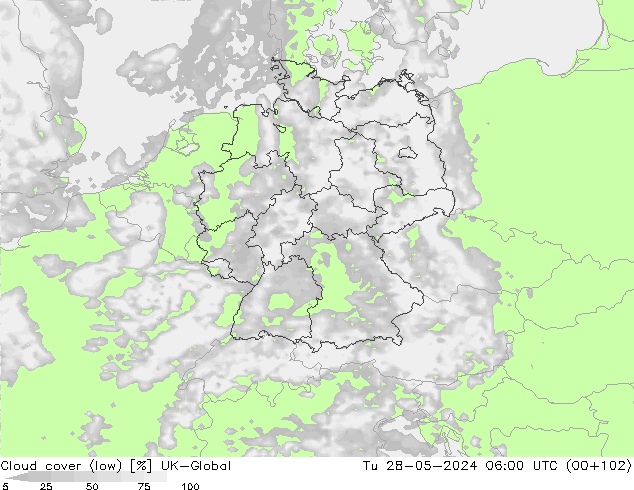 Cloud cover (low) UK-Global Tu 28.05.2024 06 UTC