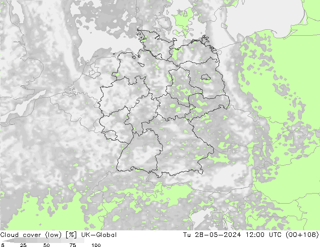 Cloud cover (low) UK-Global Tu 28.05.2024 12 UTC