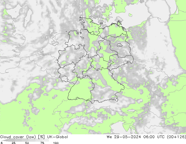 Cloud cover (low) UK-Global We 29.05.2024 06 UTC