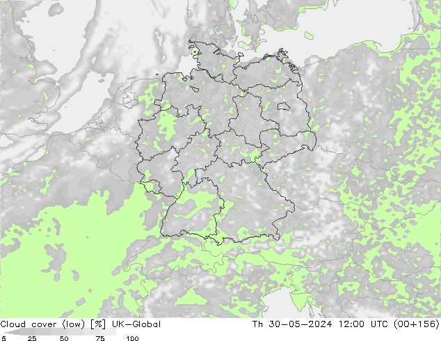 Cloud cover (low) UK-Global Th 30.05.2024 12 UTC