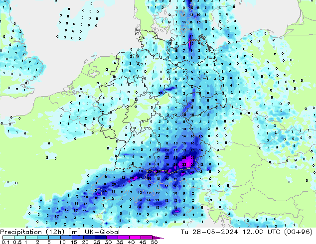 Precipitation (12h) UK-Global Tu 28.05.2024 00 UTC