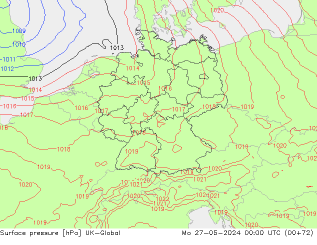 Surface pressure UK-Global Mo 27.05.2024 00 UTC