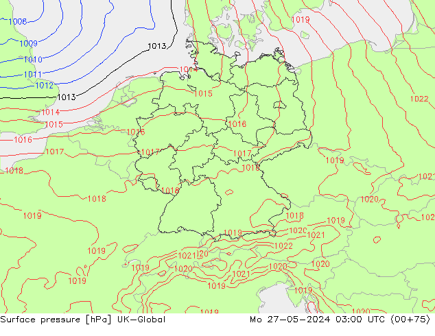 Surface pressure UK-Global Mo 27.05.2024 03 UTC