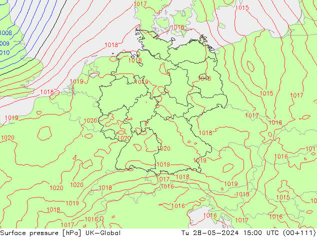 Surface pressure UK-Global Tu 28.05.2024 15 UTC