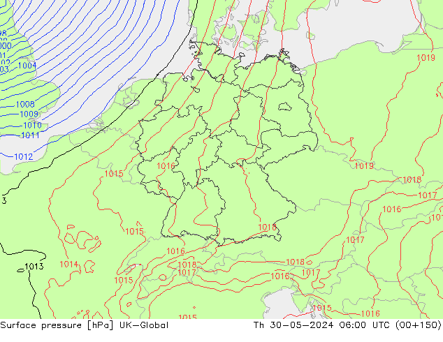 Surface pressure UK-Global Th 30.05.2024 06 UTC