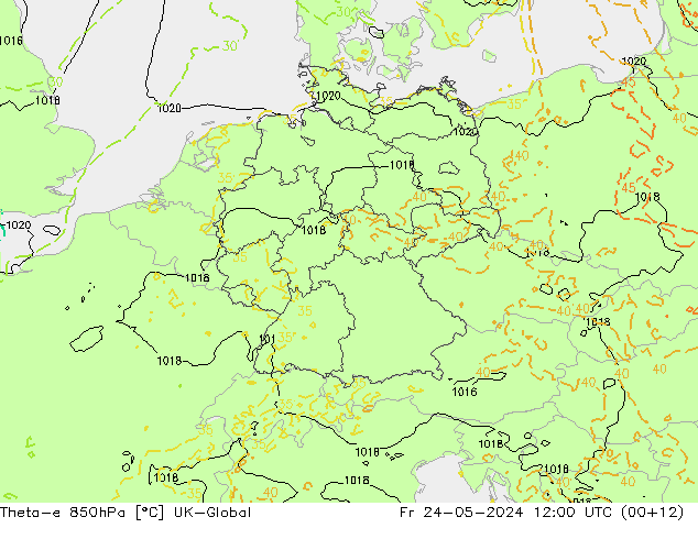 Theta-e 850гПа UK-Global пт 24.05.2024 12 UTC
