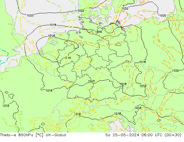 Theta-e 850hPa UK-Global  25.05.2024 06 UTC