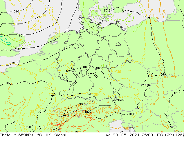 Theta-e 850hPa UK-Global mer 29.05.2024 06 UTC