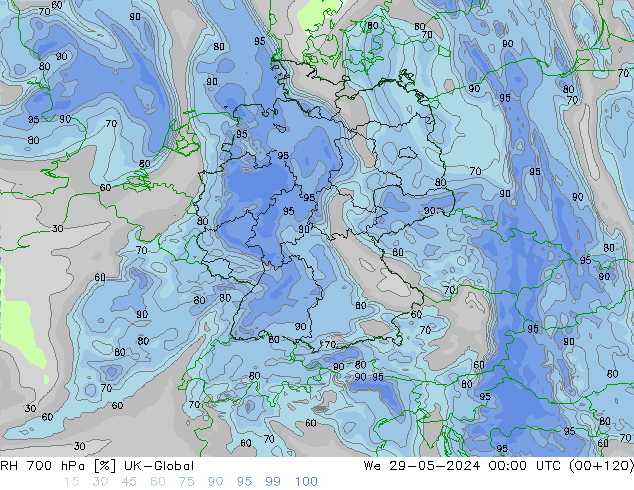 Humedad rel. 700hPa UK-Global mié 29.05.2024 00 UTC