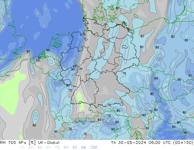 RH 700 hPa UK-Global czw. 30.05.2024 06 UTC