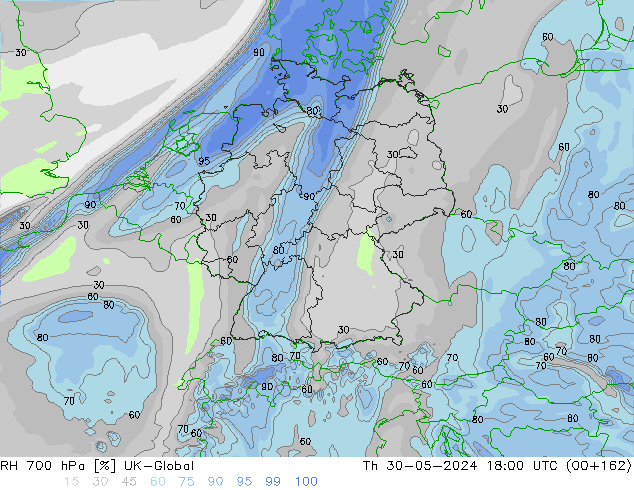 RH 700 hPa UK-Global czw. 30.05.2024 18 UTC