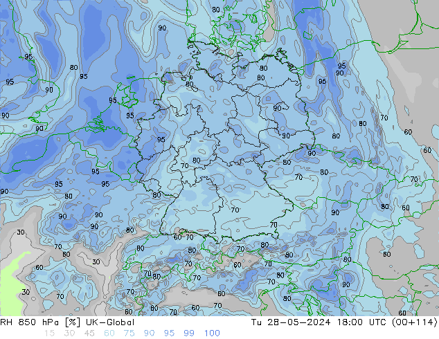 RH 850 hPa UK-Global  28.05.2024 18 UTC