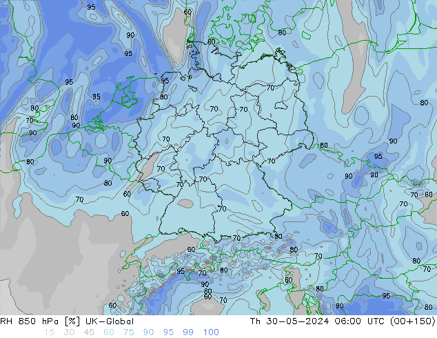 RH 850 hPa UK-Global Qui 30.05.2024 06 UTC