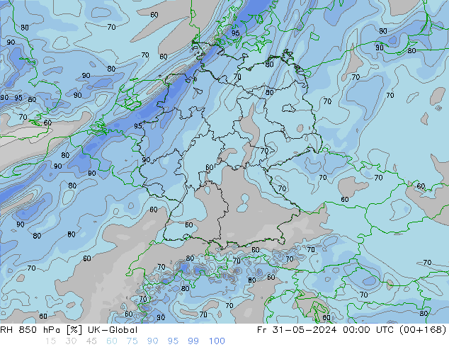 RH 850 hPa UK-Global Fr 31.05.2024 00 UTC