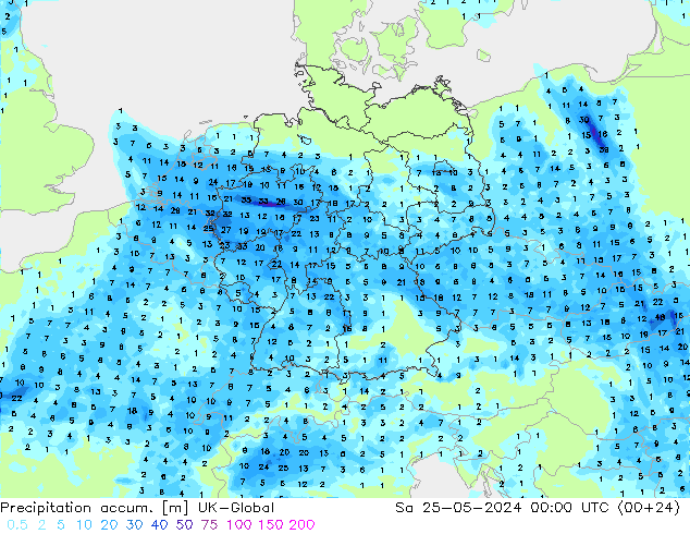 Précipitation accum. UK-Global sam 25.05.2024 00 UTC