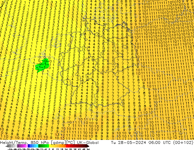 Height/Temp. 850 hPa UK-Global Tu 28.05.2024 06 UTC