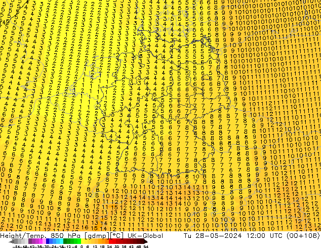 Height/Temp. 850 hPa UK-Global mar 28.05.2024 12 UTC