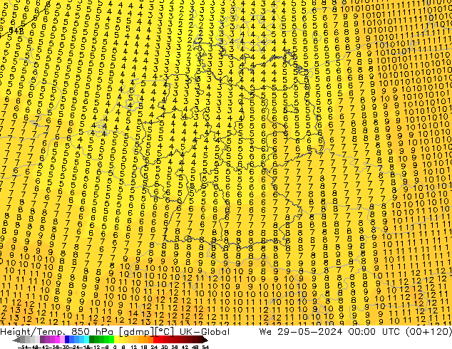 Géop./Temp. 850 hPa UK-Global mer 29.05.2024 00 UTC